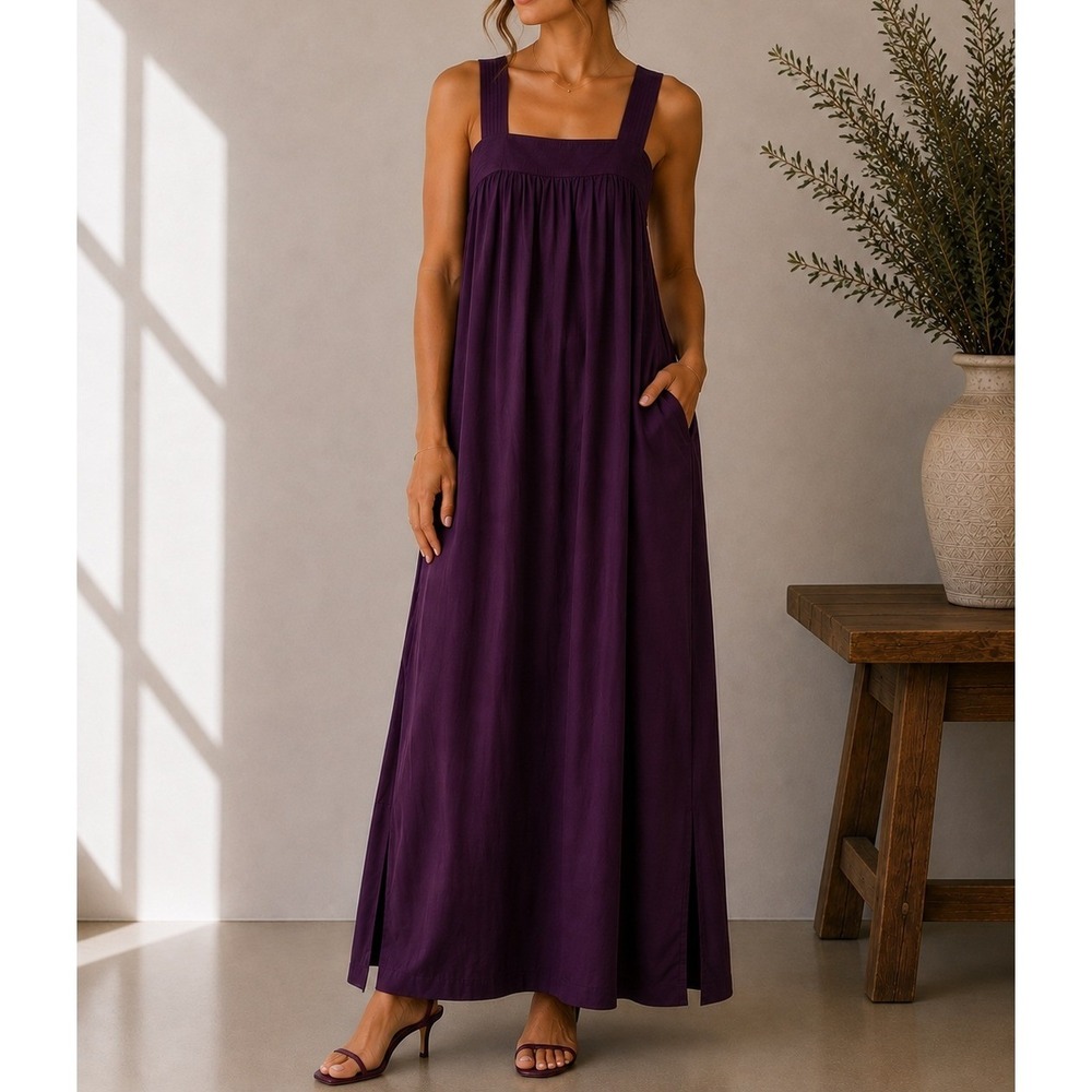 J.Crew Maxi Dress Cocktail Purple Eggplant Sleeveless Square Neck Pockets 0
